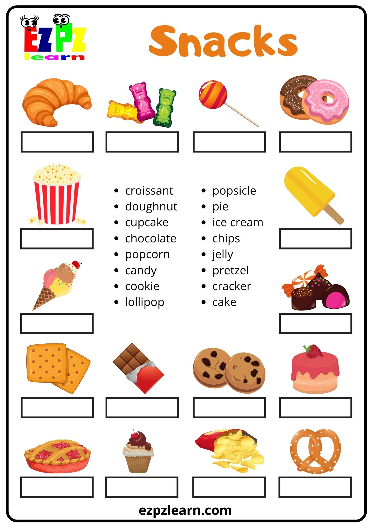 Snacks And Desserts Word Match